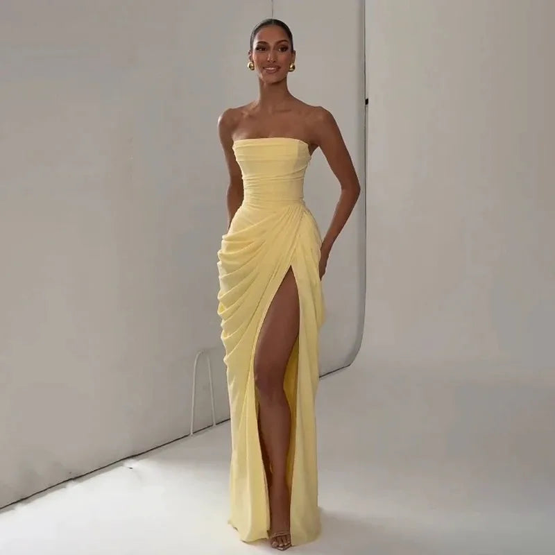 Women Yellow Low Cut Backless High Waisted Dress Lace Up Sleeveless Waist Cincher Spaghetti Strap Vestidos Party Club Women Robe