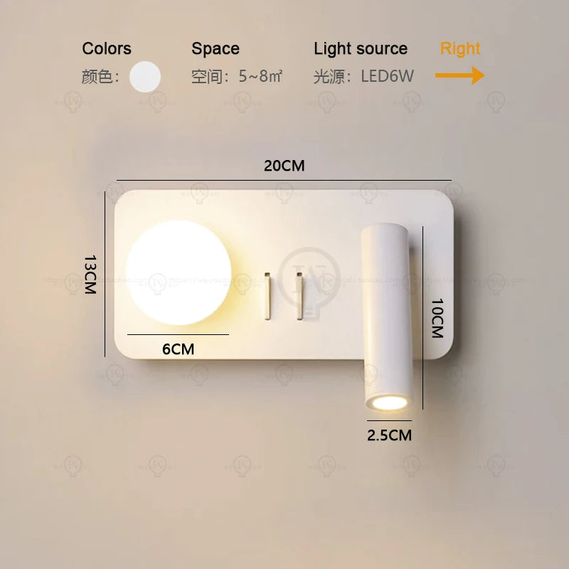 White wall lamp backlight 350 degree rotation adjustable wall lamp hotel bedroom bedside study reading desk lamp with switch