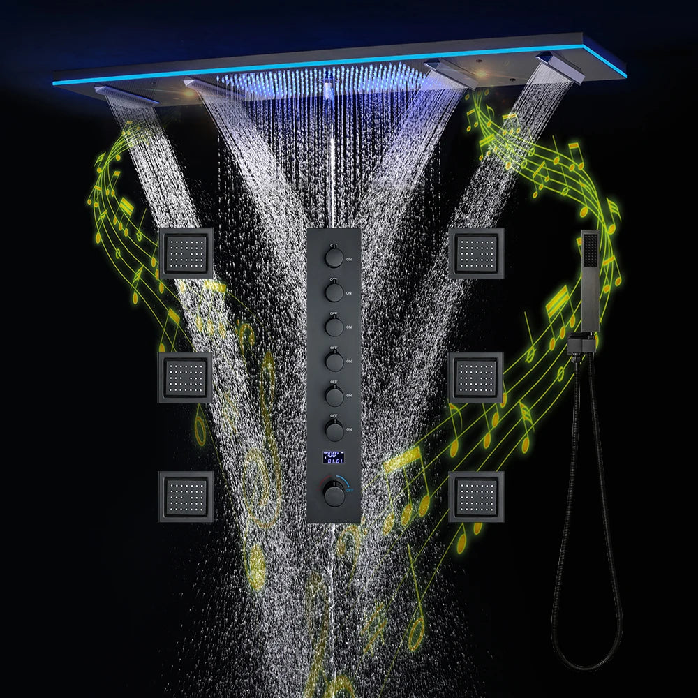 M Boenn 47*12 Inch LED lighting Large Black Shower Head Rainfall Bathroom Faucet Hot Cold Shower System Set Smart Showers Mixer