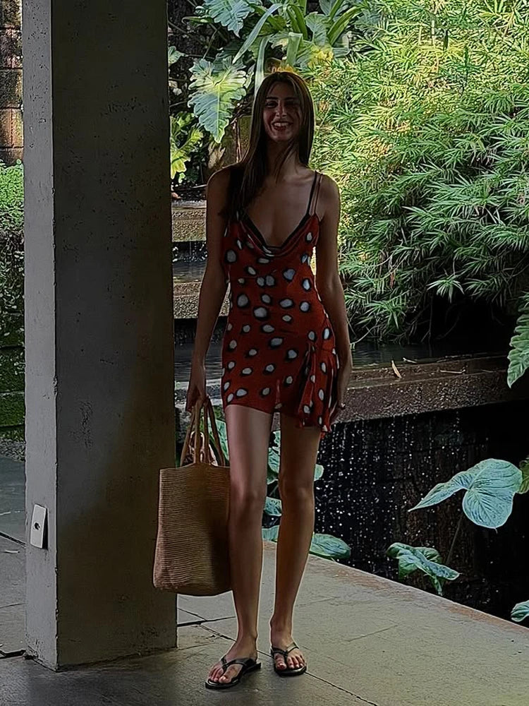 Red Polka Dot Print Draped Neckline Mini Dresses Women's Waist Cinching Split Short Sling Dress 2026 New Chic Party holiday Robe