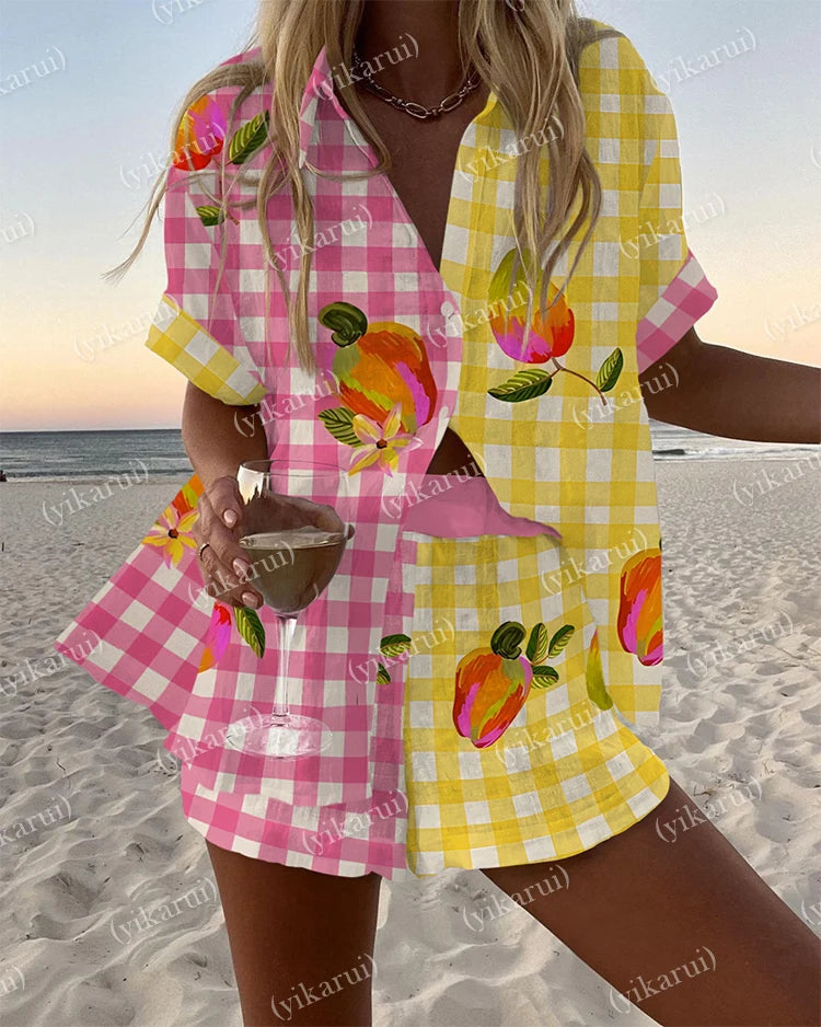 Summer Fashion Print Beach Holiday 2-Piece Set Women Short Sleeve Shirt Top + Wide Legs Short Women's Oversized Two-Piece Outfit