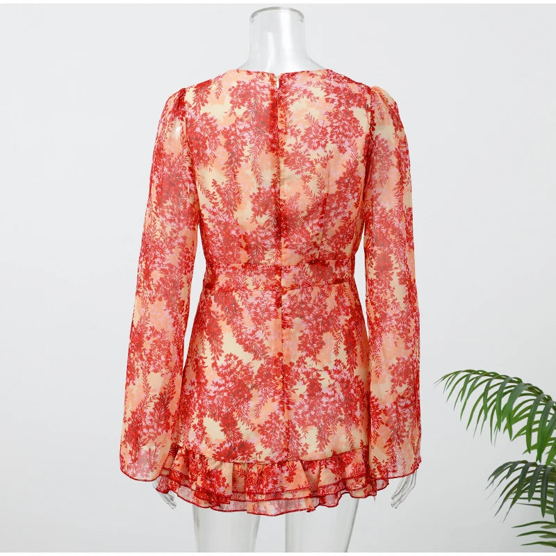 Elegant Ruffle Print Slim Short Dress Women Chic Patchwork Flared sleeves V-neck Pleated Dresses 2026 Lady Summer Casual Vestido