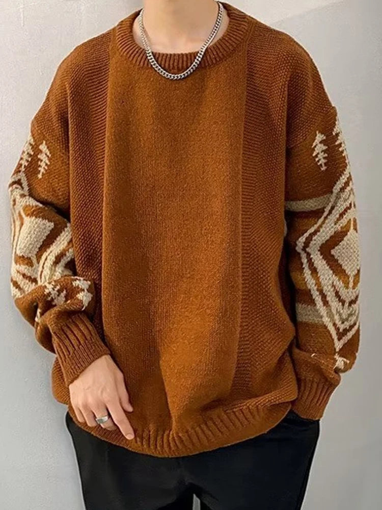 Autumn Men's Ethnic Style O-Neck Knitted Sweaters Y2K Vintage Streetwear Knitwear 2025 New Casual Pattern Printed pull homme