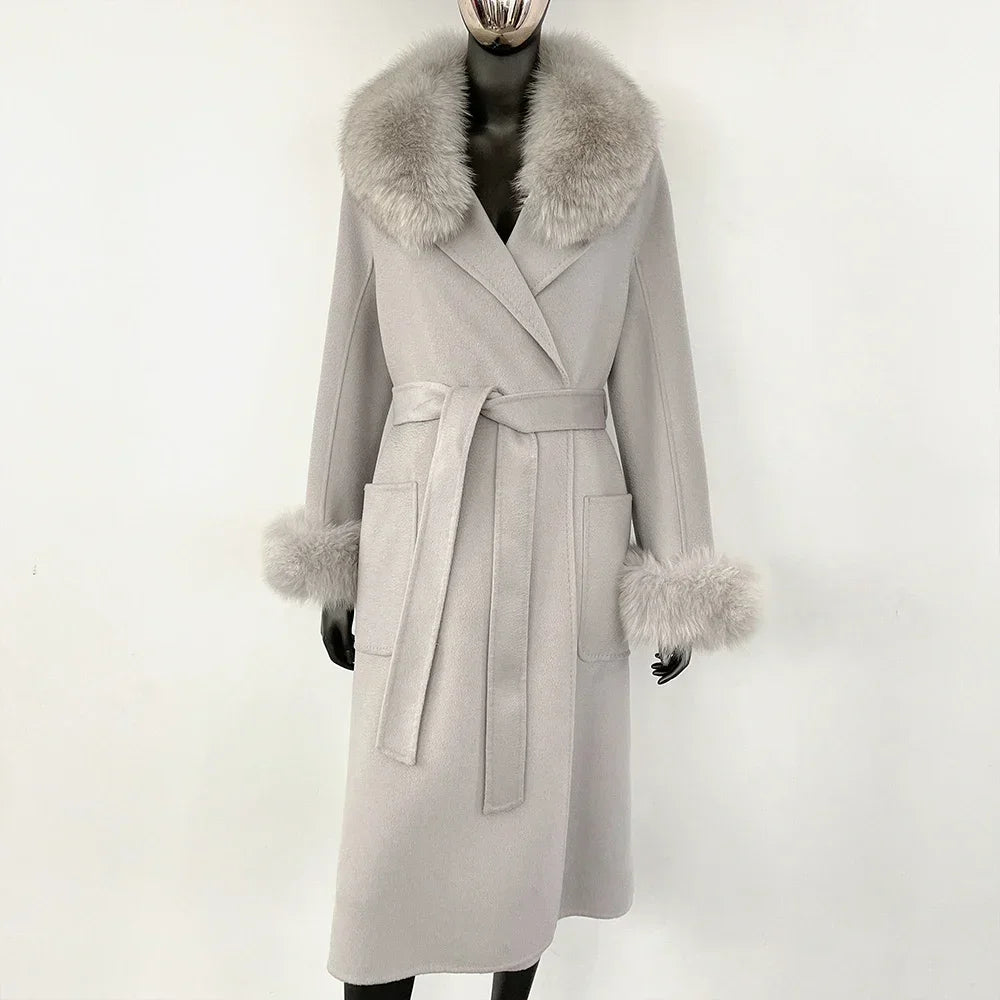 Real Fox Fur Collar Woolen Coat Women's Autumn Winter Warm Natural Fur Coat Casual Wool Fur Jacket Fashion Long Fur Coat Women's