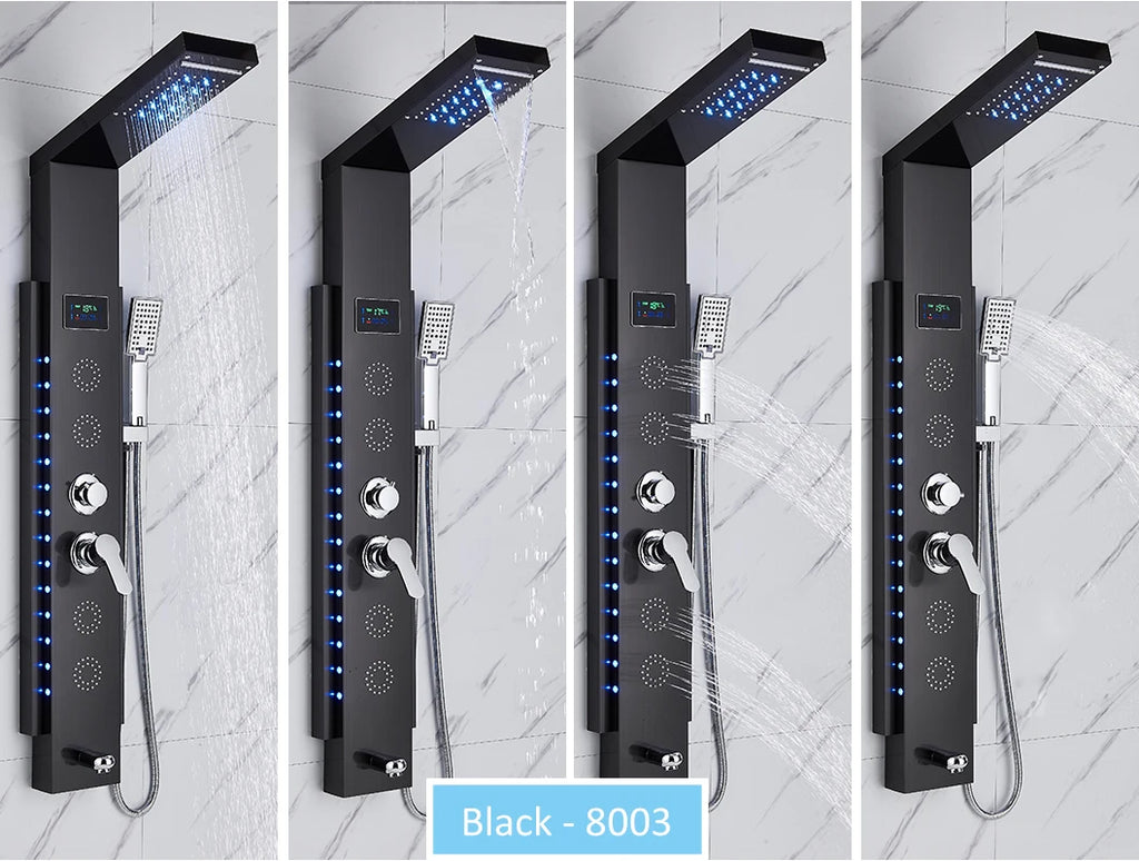 LED Shower Panel Tower System Rain Waterfall Shower Column Hydroelectricity LCD Display With Massage Body Spa Bath Shower Faucet