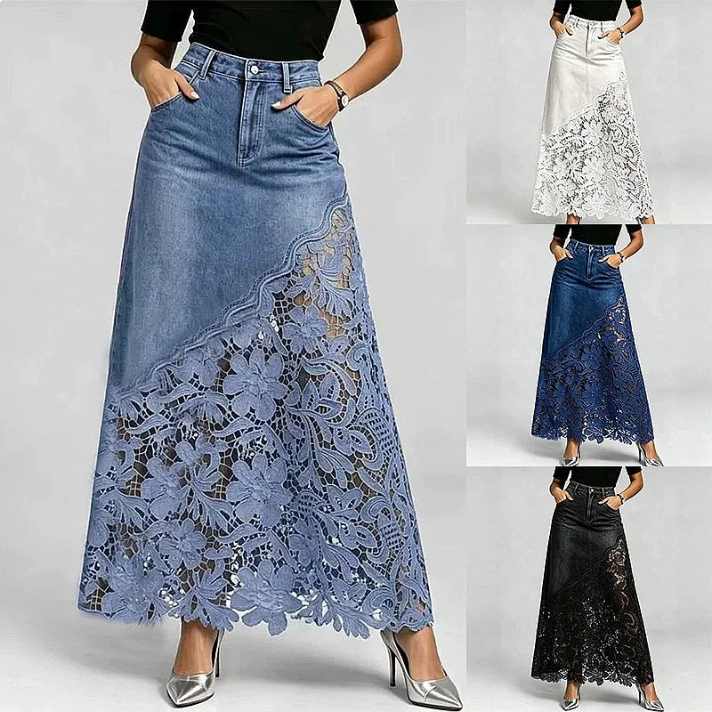 Washed Denim Lace Trim Pencil Skirt Long Bodycon Skirts Spring Summer