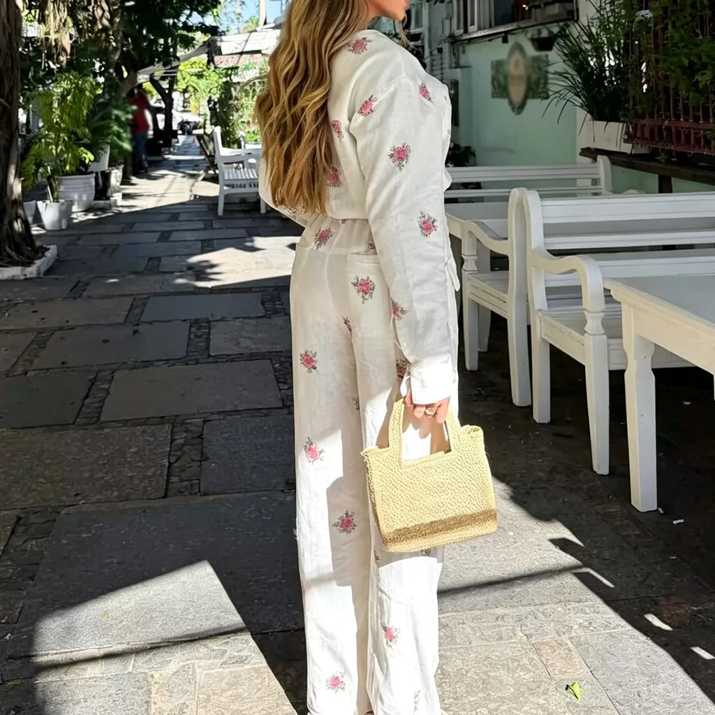 Fashionable Print Long Sleeve V-Neck Zipper One-Piece Pants Women's High Waist Straight Leg Suiting Commute Workwear Autumn 2026