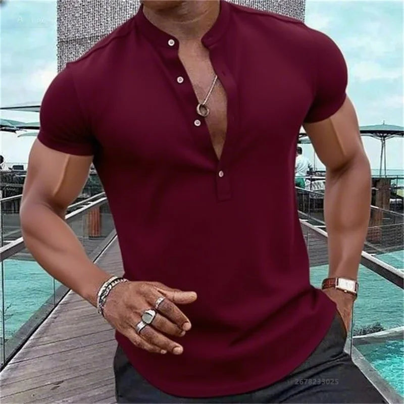 Men's Short-Sleeved Casual Shirt Hawaiian Style Shirt Solid Black Shirt Stand Collar Design Suitable for Beach Vacation XS-5XL