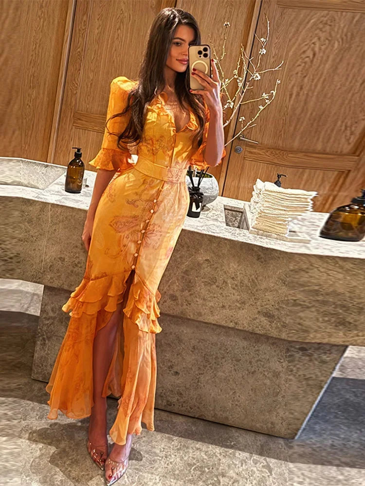 Women Floral Print Short Sleeve Maxi Dress Fashion V-neck Ruffle Trim Belted Slit Hem Dresses Casual Lady Daily Vacation Gowns