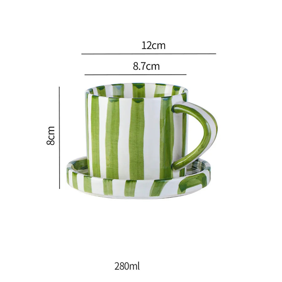 280ml/9.5oz afternoon tea coffee cup, Minimalist striped hand drawn cup and plate set, ceramic milk coffee cup, household drinki