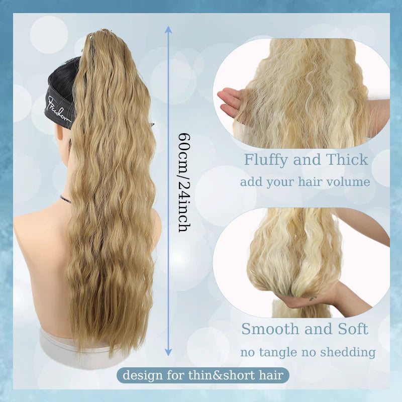 Synthetic Long Curly Hair Ponytail 24inch Wavy Ponytail Extensions with Elastic Hair Tie Women Hairpiece for Daily Party Wear