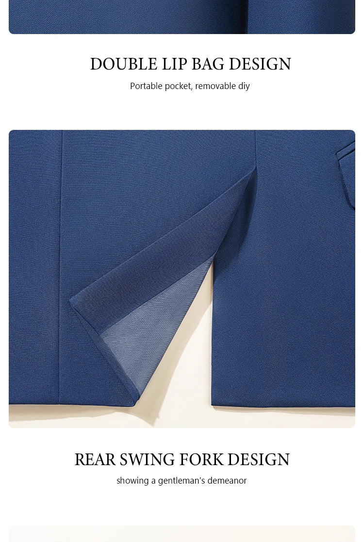 ST Cassy Dark Blue Men's Suit Slim Fit Solid Color Suit Formal Business Office Single Breasted Coat Pants 2 Pieces Set