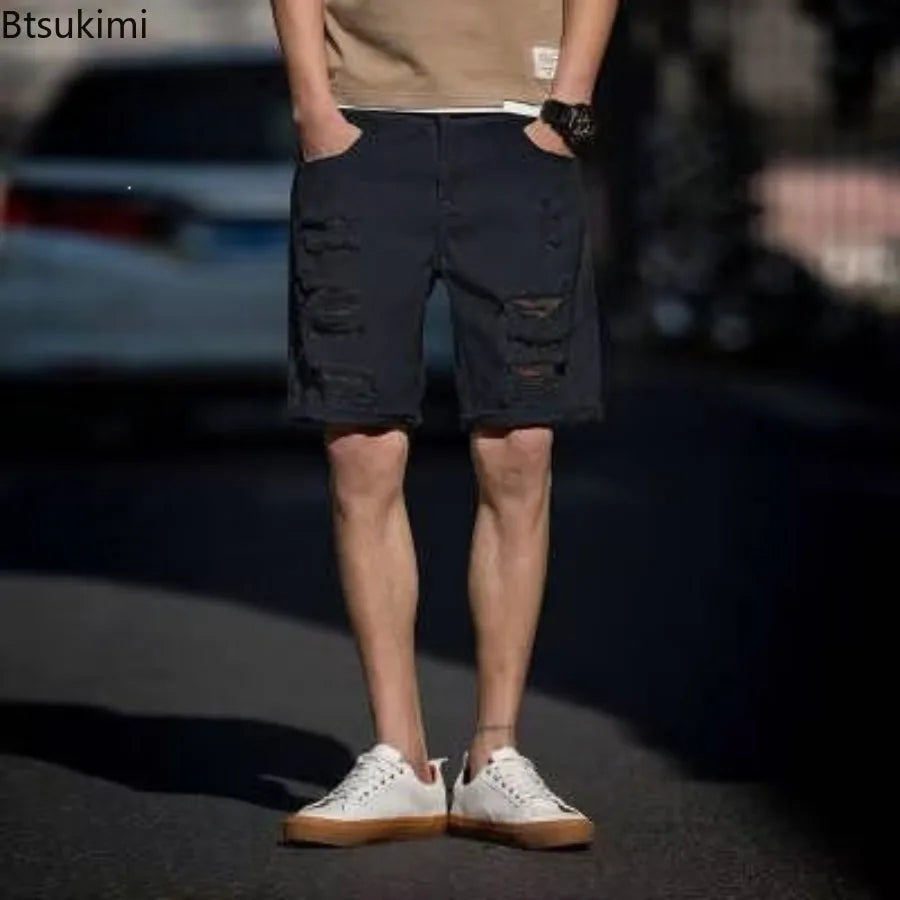 Men's Fashion Denim Shorts Summer Ripped Casual Denim Knee Length Solid Jeans Shorts White Classic Jeans Shorts Y2k Streetwear