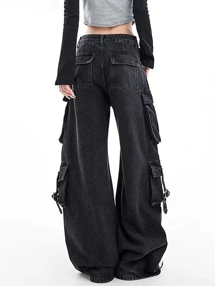 Black Gothic Punk Multi-Pocket Zipper Denim Jeans Men And Women Y2K American Baggy Fashion High Waist Loose Wide-Leg Jeans