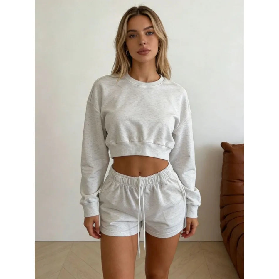 Women's Round-Neck Long-Sleeved Loose Couple Hoodie Set, Solid Color and Simple
