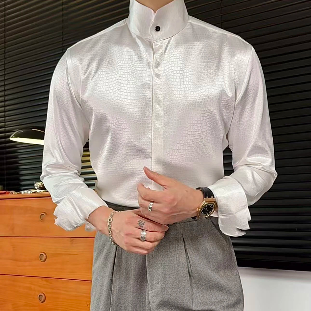 Stand Collar Men Shirt Office Long Sleeve Shirt Streetwear Leopard Print Shirt Social Business Shirt Men Camisa Social Masculina