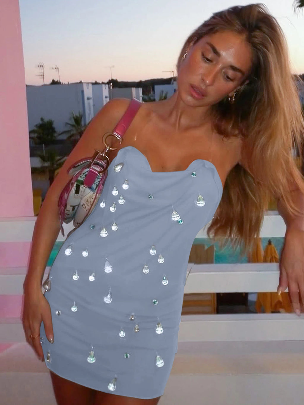 Dulzura Summer Fashion Sexy Backless Water Droplets Diamond Decorate Slim Suspender Mini Dress Evening Party Club Street Clothes