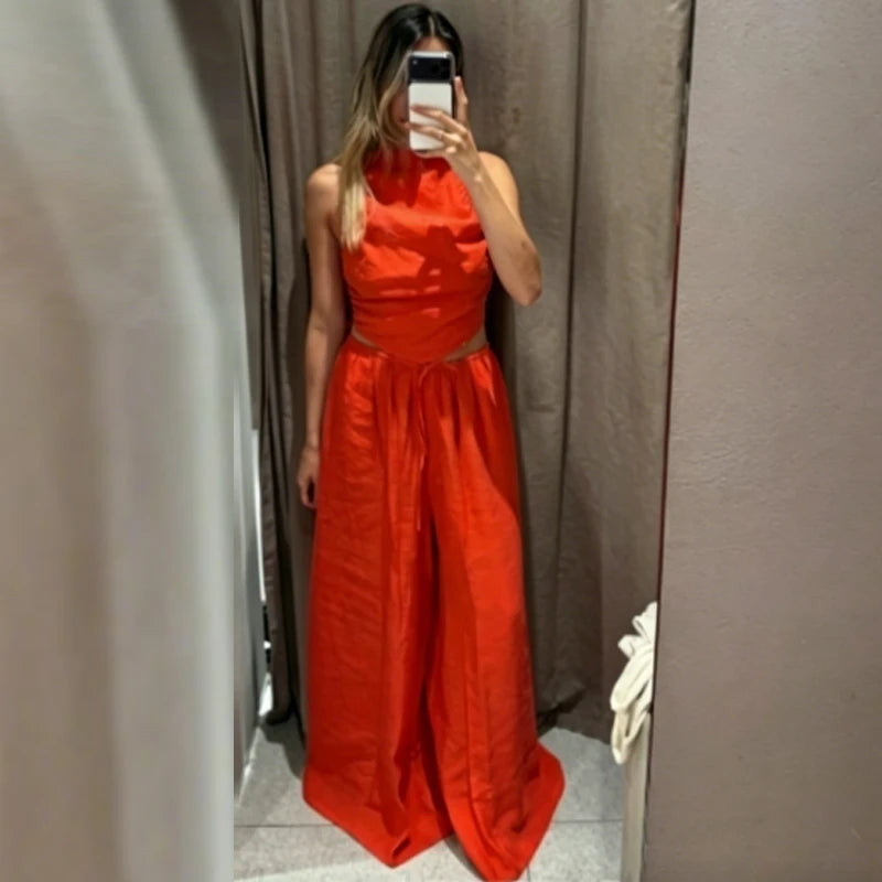 HXAO Red Ruffled Pants Sets Women's Suit Halter Crop Backless Sleeveless Top 2 Piece Set Chic High Waist Baggy Trousers Outfits