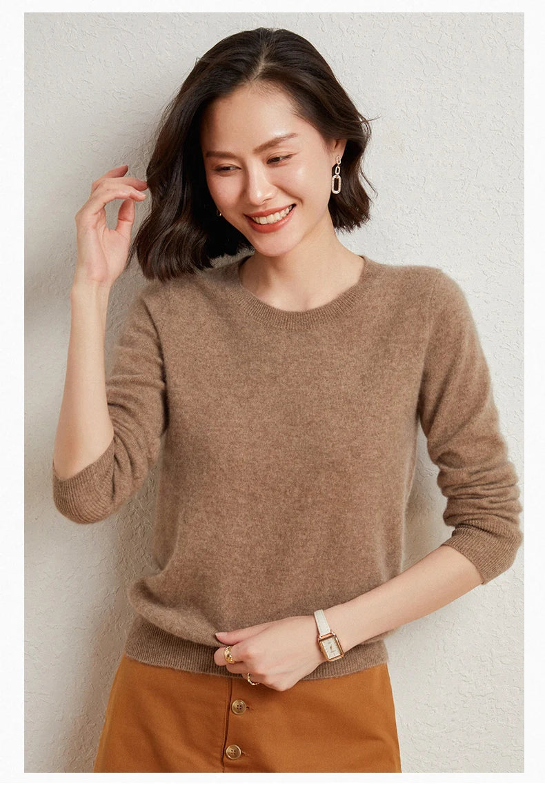 100%Merino Pure Wool Pullover Sweater For AutumnWinter Women's Round Neck Warm High-Quality Solid Color Basic Knitted Jumper Top