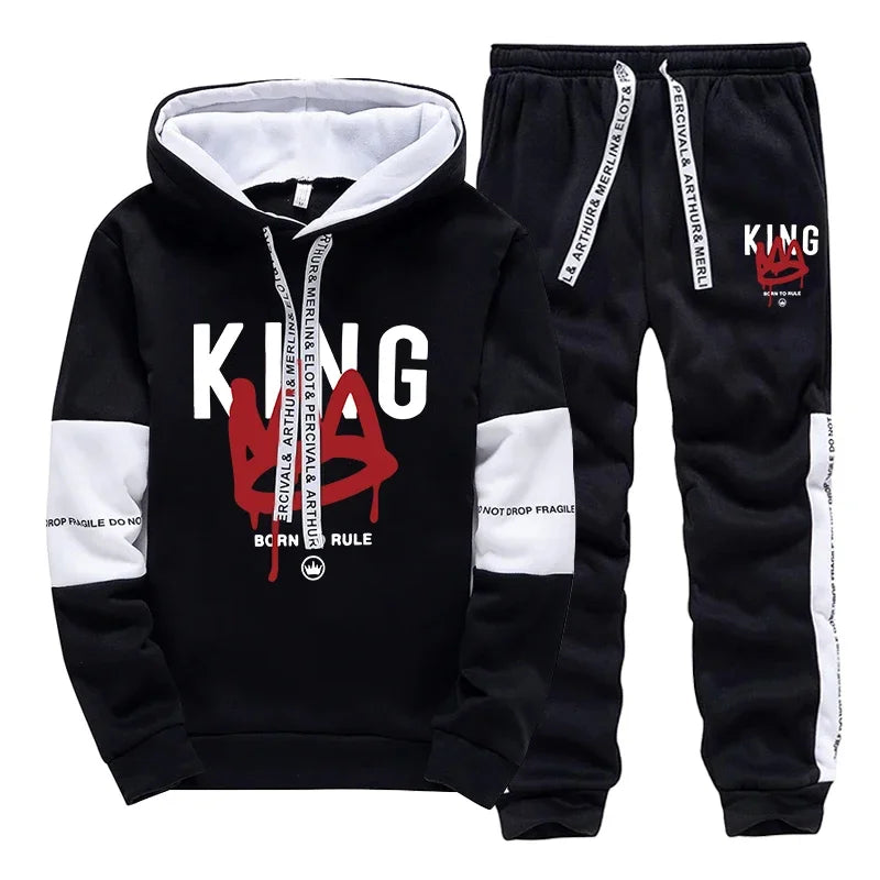 King Print Mens Tracksuit Casual Sweatshirts Outdoors Sports Jogging Mens Clothing Daily Street Sportswear Single Piece Hoodies