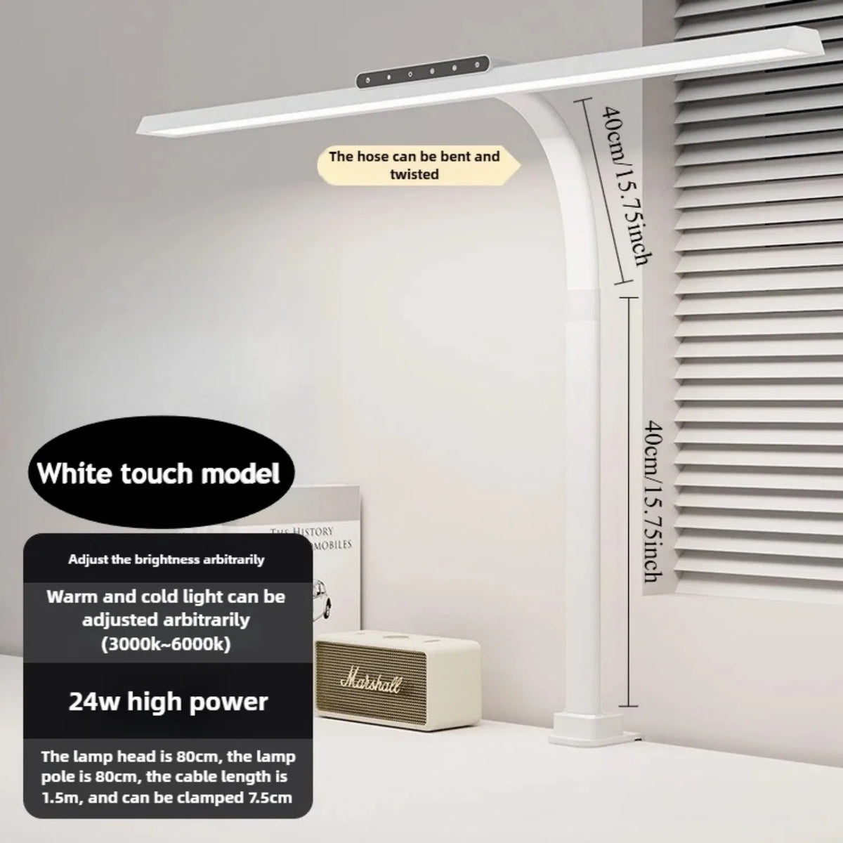 24W LED High Brightness Desk Lamp with Touch Remote Control Eye Protection Long Arm Clip-On for Student Computer Work Lighting