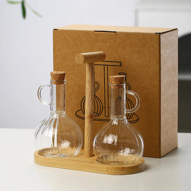 Household 300-350ml Heat-resistant Glass Oil Pot with Wooden Stand, Liquid Seasoning Bottle, Striped Sauce and Vinegar Oil Pot