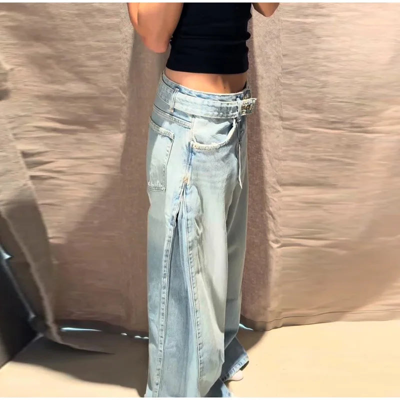 2026 Spring Low Waist Pleated Wide Leg Jeans Light Wash Raw Edge Double Waistband Casual Women Pants Trendy Y2K Lady Trousers