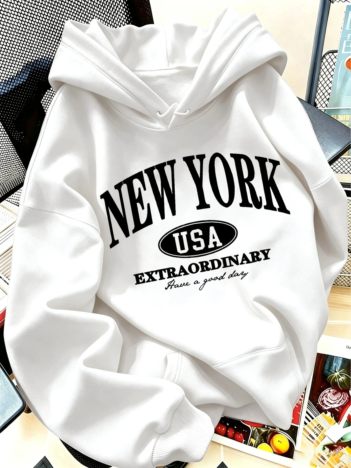 Letter NEW YORK Print Hooded Sweatshirt Women's American Vintage Style Pullovers Graphic Casual Streetwear Clothes Female Outfit