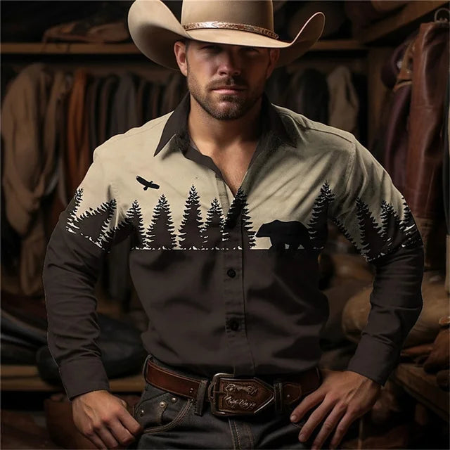 2024 Retro Fashion Simple Long Sleeve Western Denim Men's Social Shirt Top Rock Men's Street Retro Fashion Casual Clothing