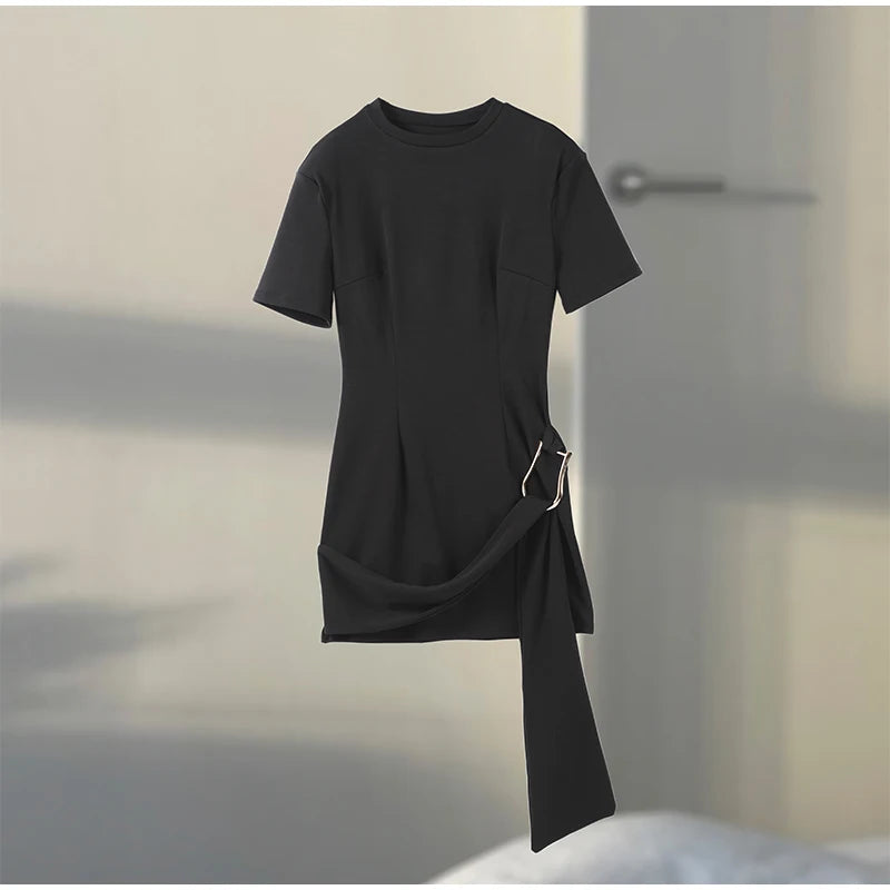 Elegant Mini Dress Woman Ribbons Slim O-neck Short Sleeve Above Knee Dresses Female Spring Summer Party Robe Lady High Street