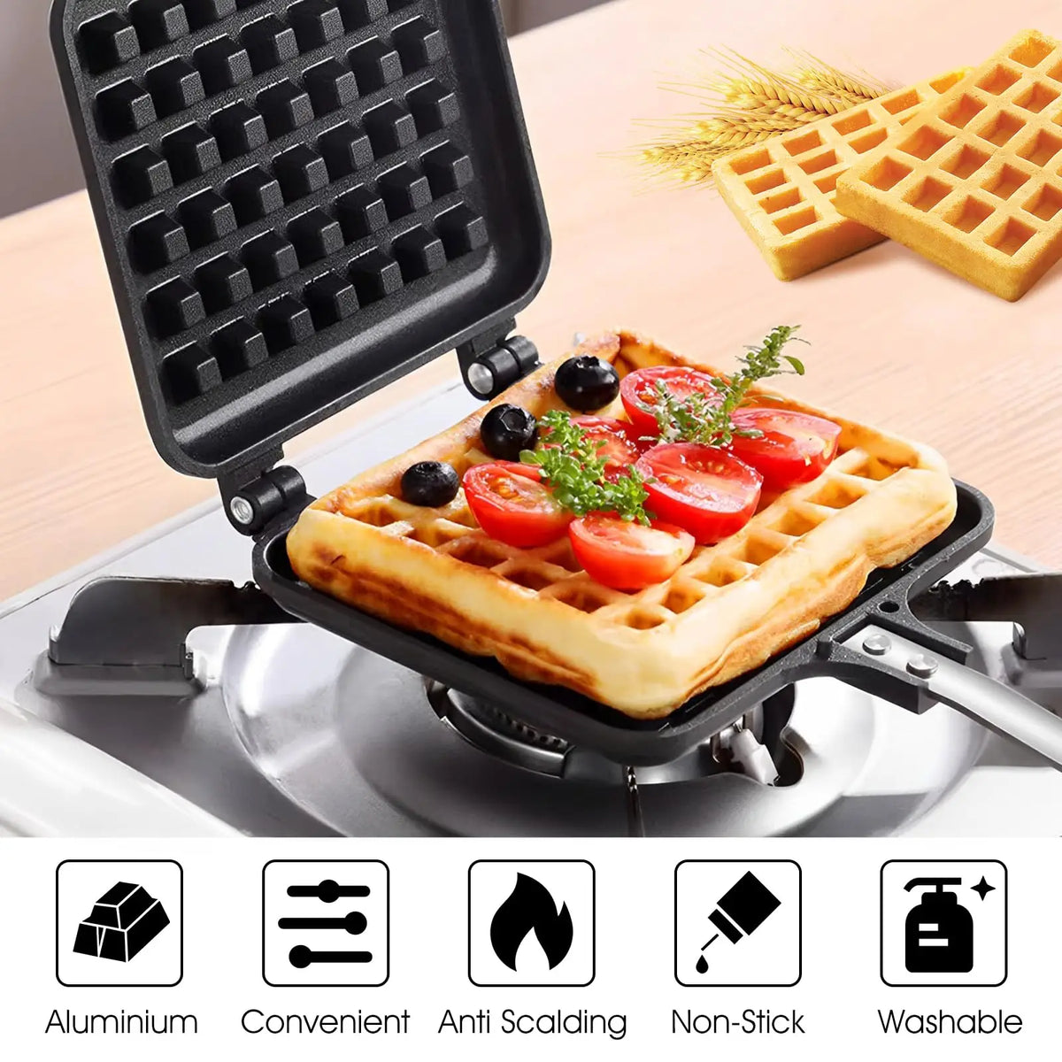 Professional Long Handle Waffle Baking Mold Square Double-Sided Waffle Maker Machine Durable Cast Aluminum Sandwich Maker Baking