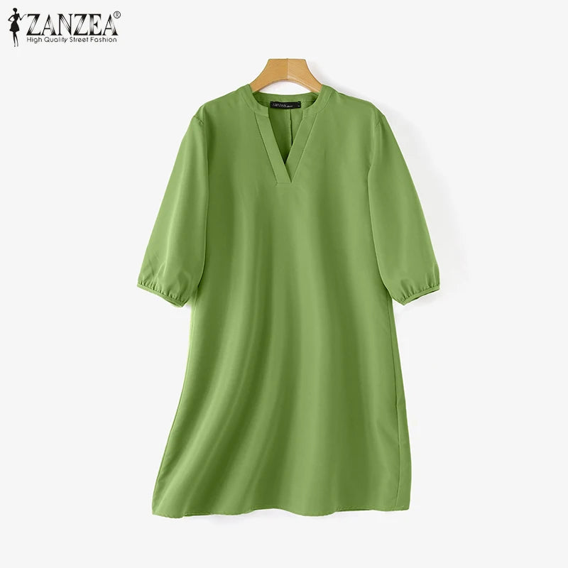 2025 ZANZEA Fashion Women V Neck 3/4 Sleeve Dress Autumn Sundress Elegant Solid OL Work Dresses Casual A Line Loose Vestido Robe