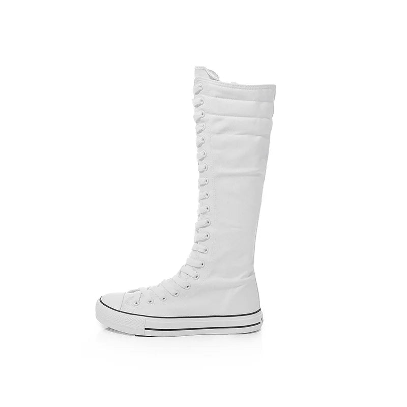 Spring Autumn Women Shoes Canvas Casual High Top Shoes Long Boots Lace-Up Zipper Comfortable Flat Boots Sneakers 34-43
