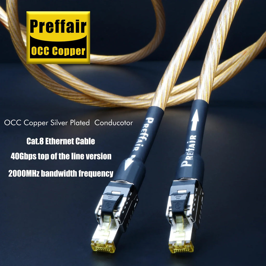 Cat8 Ethernet Cable Rj45 Interface  40Gbps 2000Mhz Speed OCC Sterling Silver Flagship Gold Cat8 Network Cable Digital Cable