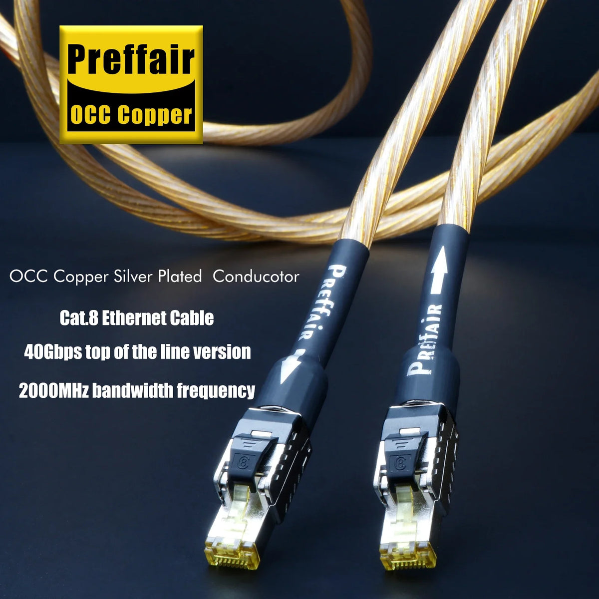 Cat8 Ethernet Cable Rj45 Interface  40Gbps 2000Mhz Speed OCC Sterling Silver Flagship Gold Cat8 Network Cable Digital Cable