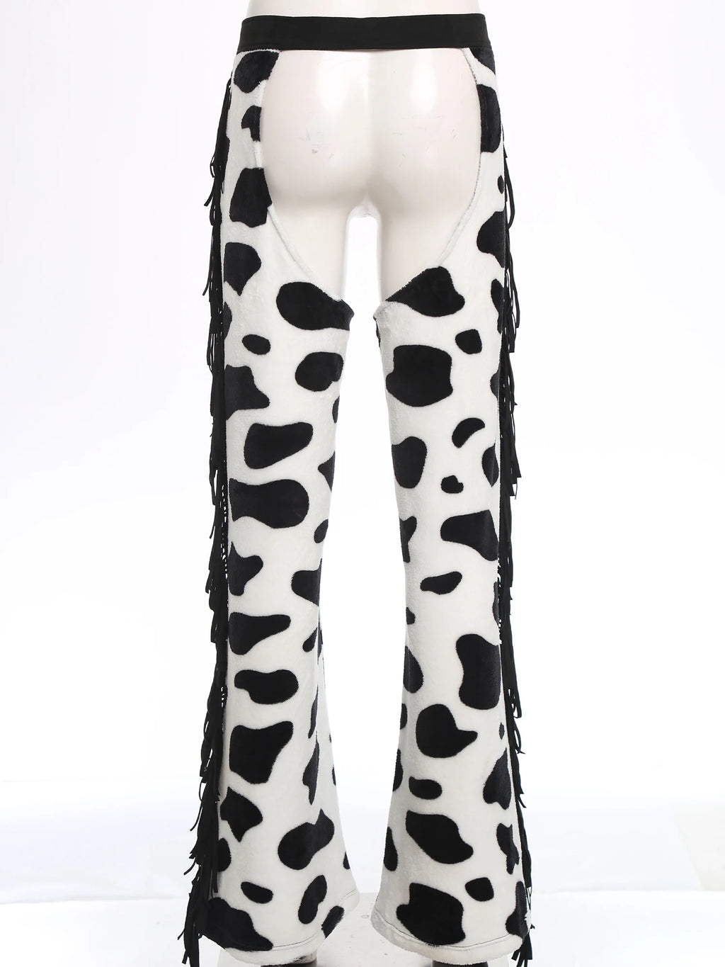 Womens Cow Spot Pattern Flannel Long Pants Adjustable Waist Open Crotch Biking Riding Cowgirl Chaps Halloween Cospaly Costume