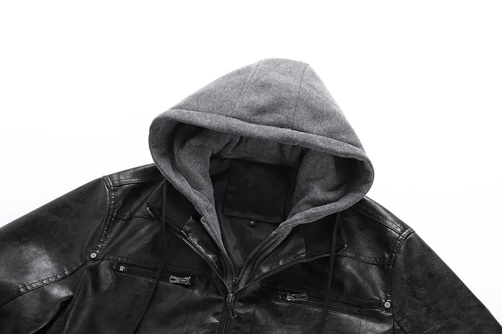 Men Detachable Hood Motorcycle Leather Jackets Quality Male Streetwear Casual PU Leather Coats Two in One Jacket
