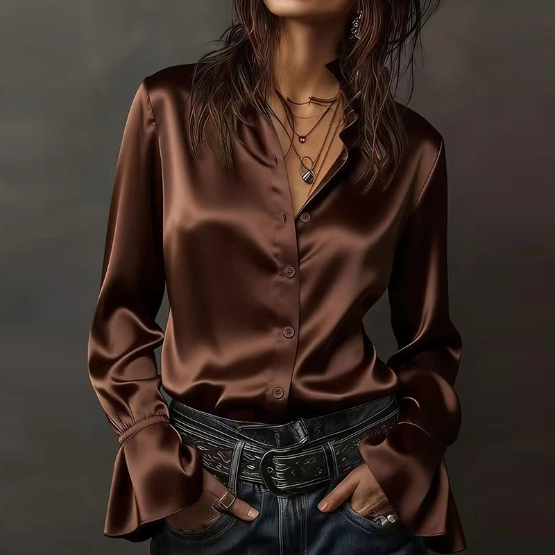 Fashion Women Long Sleeve Silk Shirt Black Turn Down Collar Button Blouse Women Office Tops Mesh See Through Sleeve Satin Shirt