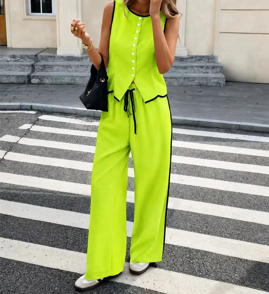 2026 New Multi Color Contrast Edge Tank Top and Trousers Suit Ladies Sleeveless Waistcoat Loose Pants Daily Travel Streetwear