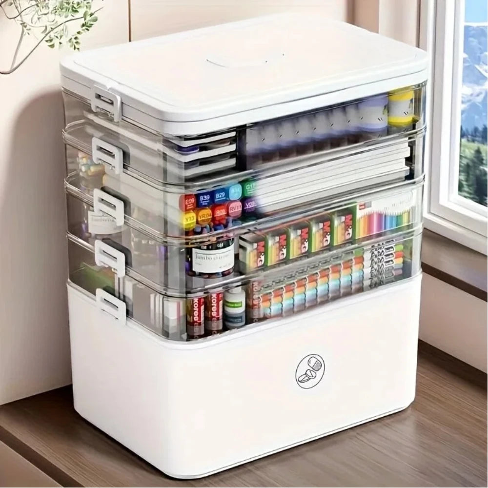Large Capacity Multi Layer Transparent First Aid Medicine Storage Box Secure Snap Buckle Dustproof Household Emergency Drug Organizer Detachable Compartment Medical Supply Container For Family Home Office Car Travel Camping O