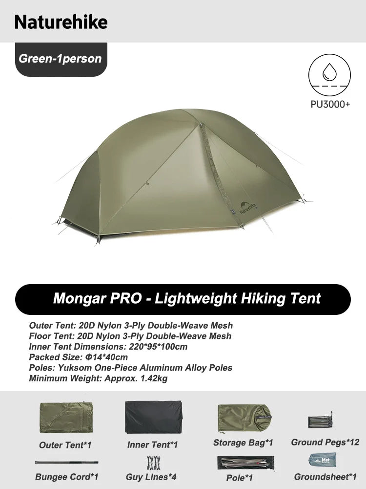 Naturehike Mongar Tent Camping Tent 2 Person Ultralight Professional Waterproof & Windproof Backpack Tent 20D Nylon Travel Tent