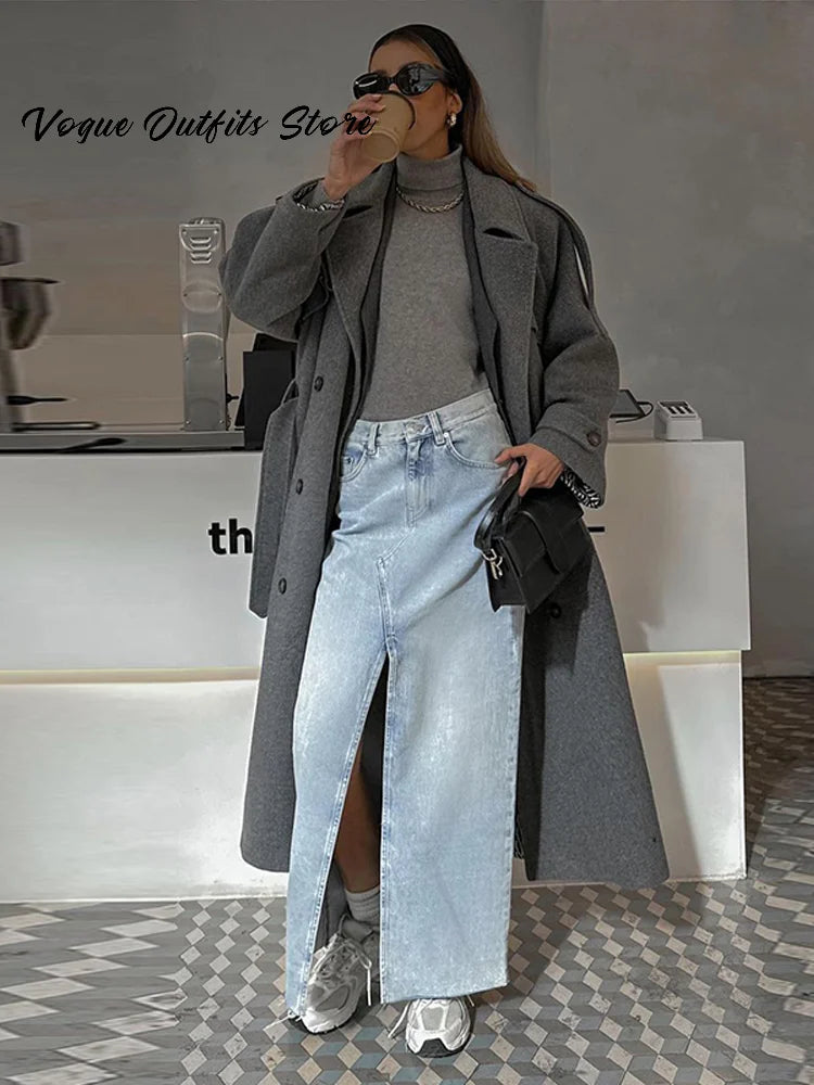 Chic Lace Up Woolen Long Trench Coat Women Gray Double Breasted Lapel Full Sleeve Pocket Coats 2026 Autumn Winter Lady Outwear