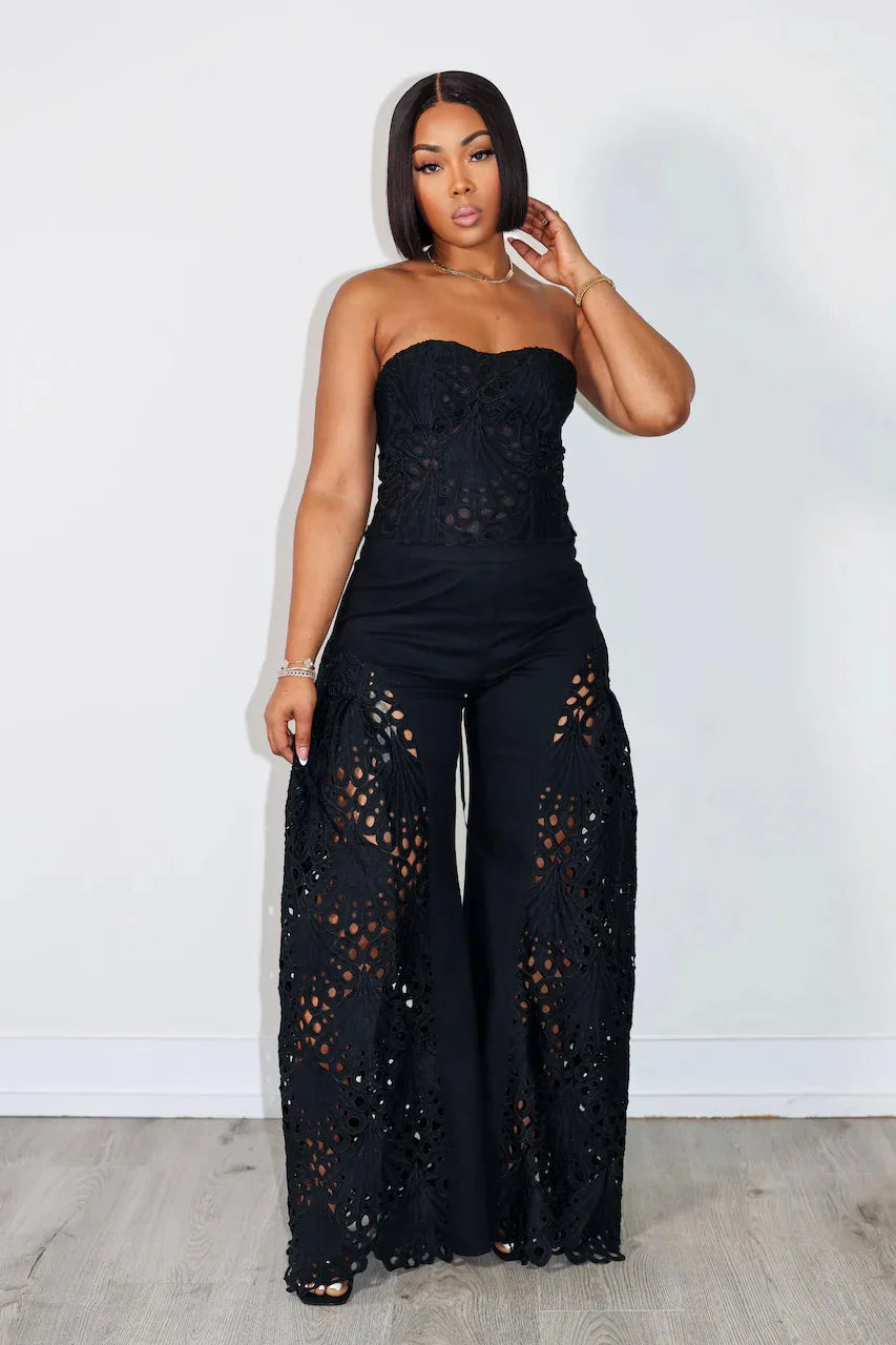 Women's Solid Color Pants Sets Hollow Out Lace Tube Top Cropped Top High Waist Trousers Two Piece Set Sexy Hot Girl Streetwear