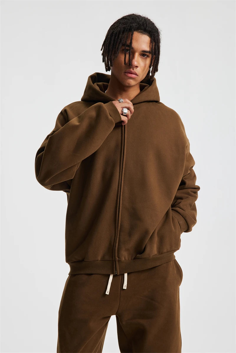 ZODF Trendy Winter Man Warm 430gsm Fleece Zipper Hoodies Unisex Solid Loose Zip-Up Hooded Coats Brand Outfit HY1130