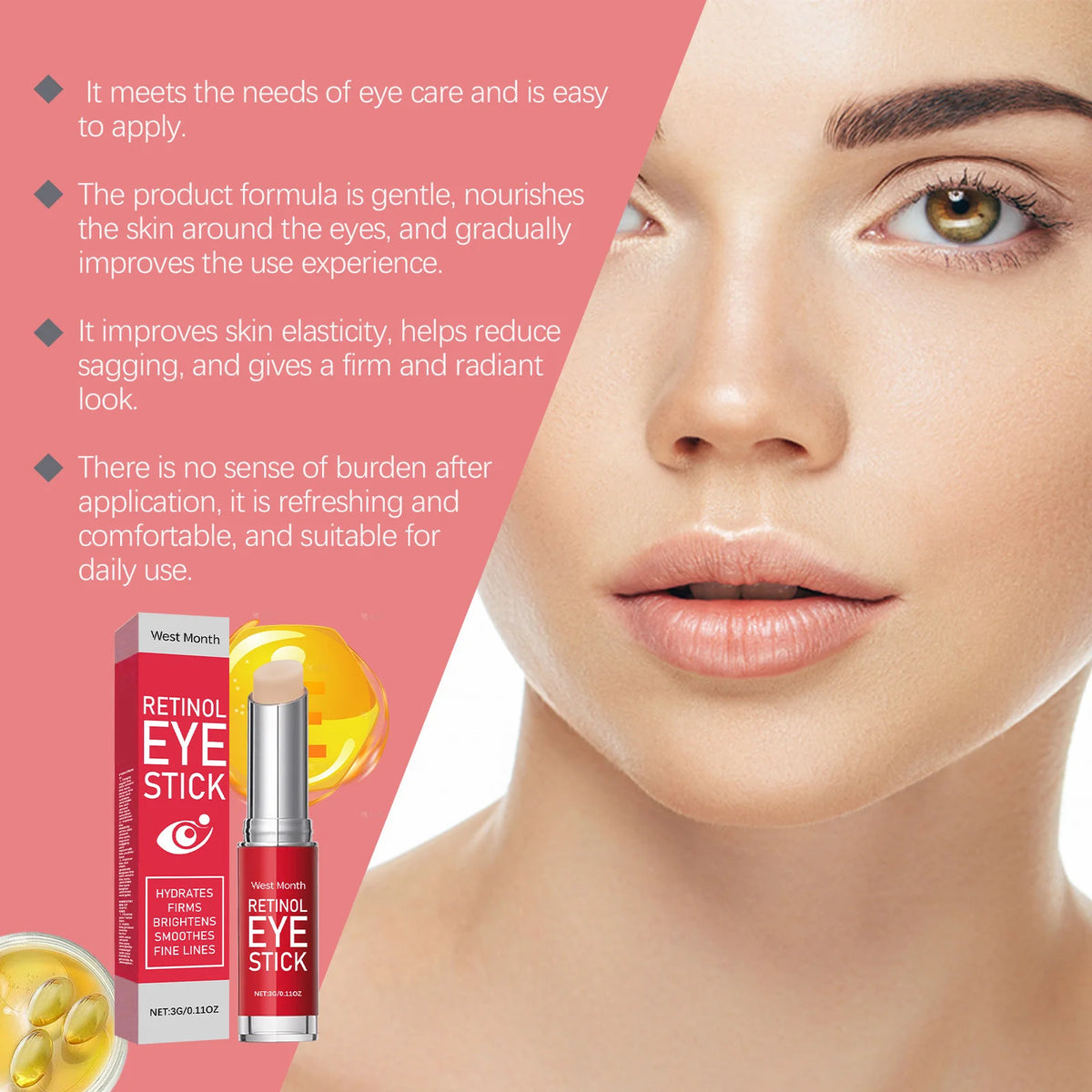 Retinol Eye Cream Stick - Firms and Elasticizes Skin, Moisturizes and Massages to Care for the Eye Area