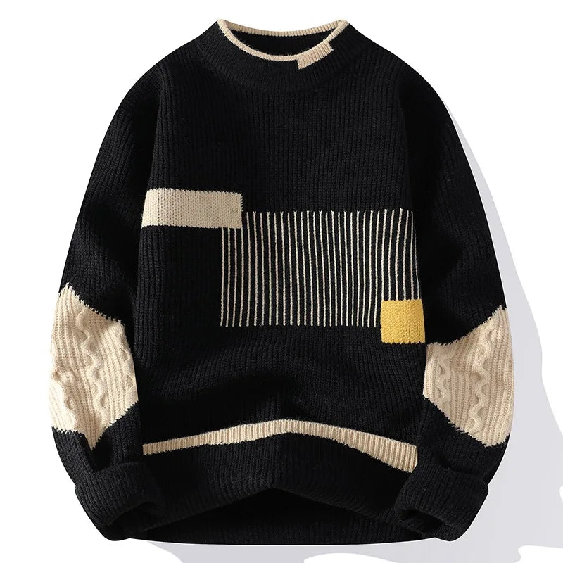 KIDWHXR 2026 Autumn Winter Men Sweaters Contrast Color Round Neck Male Knitted Tops Loose Long Sleeve Man Casual Pullovers