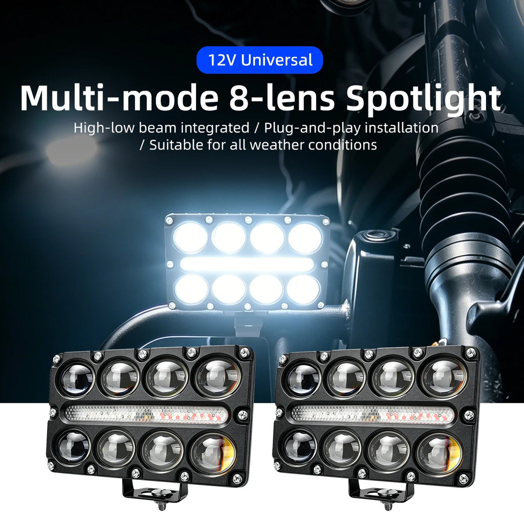 8 Lens Projector Motorcycle LED Spotlight DRL Strobe Flashing Auxiliary Fog Work Light Universal For Car Truck SUV UTV Off‑Road