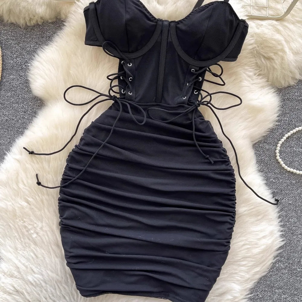 Foamlina Ins Sexy Hollow Out Sling Dress with Exposed Waist Bandage Pleated Slim Fit Bodyocn Girl's Photo Date Short Dress