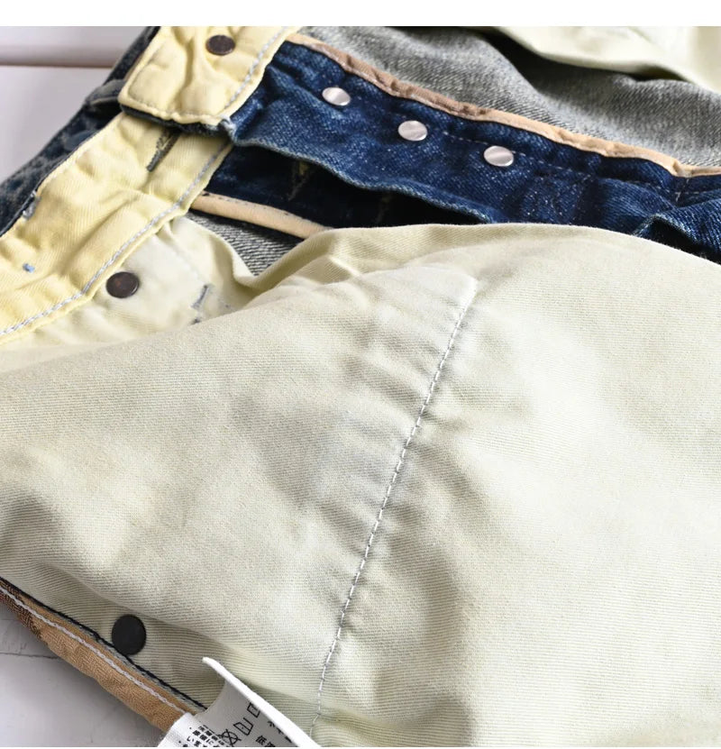 Heavyweight 100% Cotton Relaxed Straight Denim Jeans Vintage Washed & Distressed American Casual Pants for Men Amekaji Retro