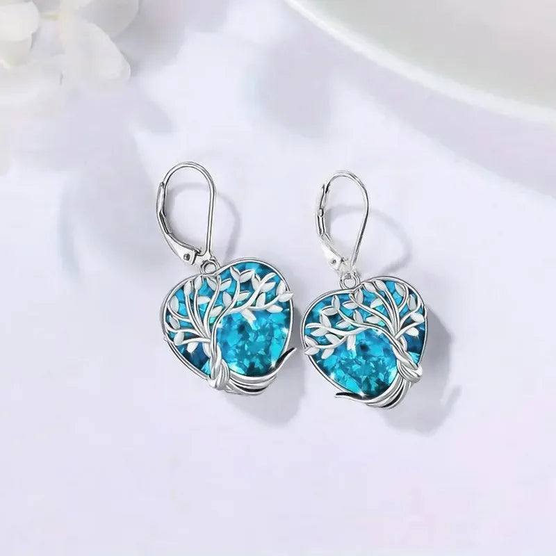 925 Sterling Silver Blue Crystal Heart Zircon Earrings For Woman Vintage Tree Shaped Engagement Charm Jewelry Gift